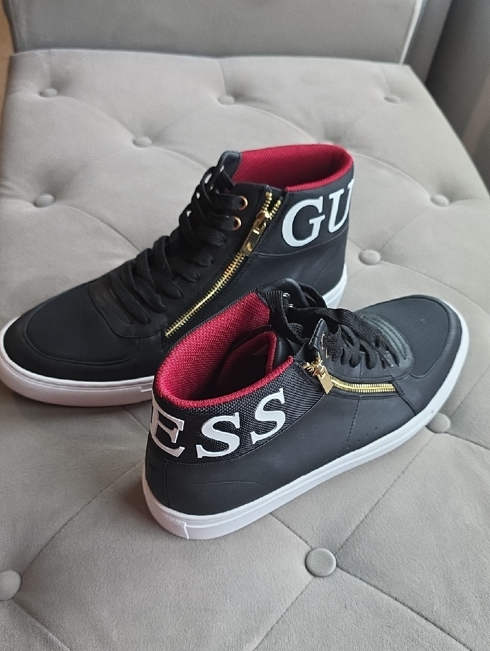 Guess Black High-Top Sneakers with Red Lining and Gold Zippers